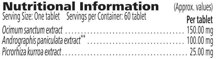 Nutrition information label for Vritilife® Immune Health