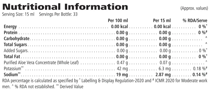 Nutrition information label for Herbal Aloe Concentrate