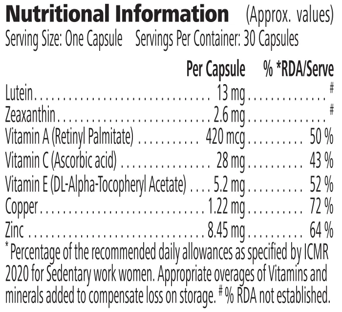 Nutrition information label for Ocular Defense