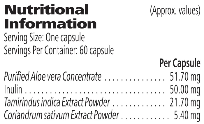 Nutrition information label for Aloe Plus